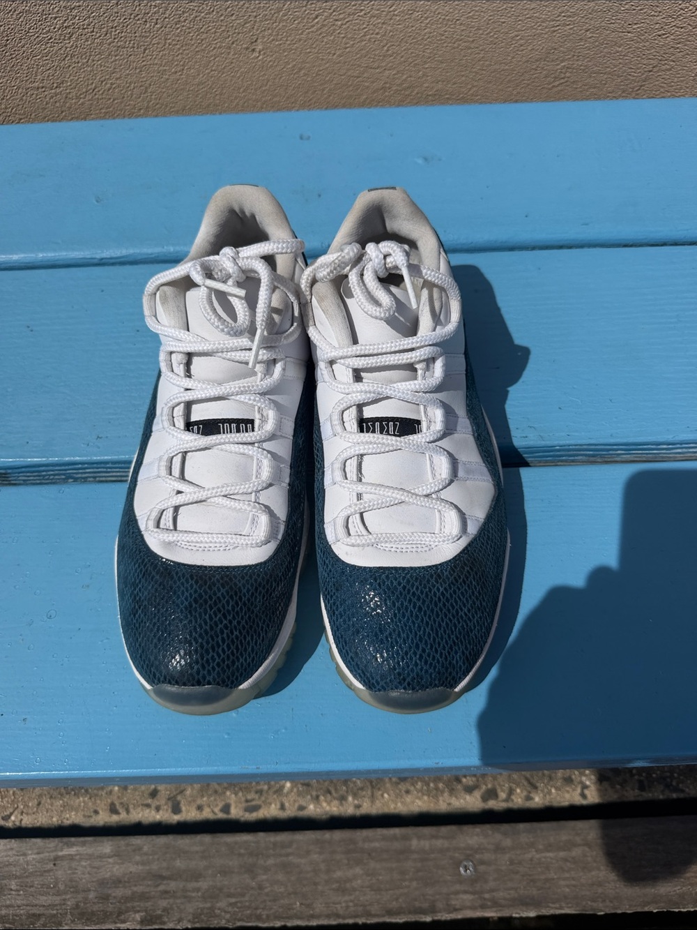 Jordan 11 Snakeskin Men's White and Dark Teal Low-Top Athletic Sneakers